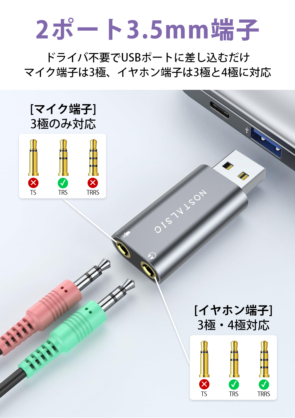 USB-A & 3.5mm(3極専用) オーディオ変換アダプタ  DAC搭載 24bit/96KHz対応