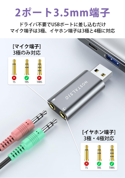 USB-A & 3.5mm(3極専用) オーディオ変換アダプタ  DAC搭載 24bit/96KHz対応