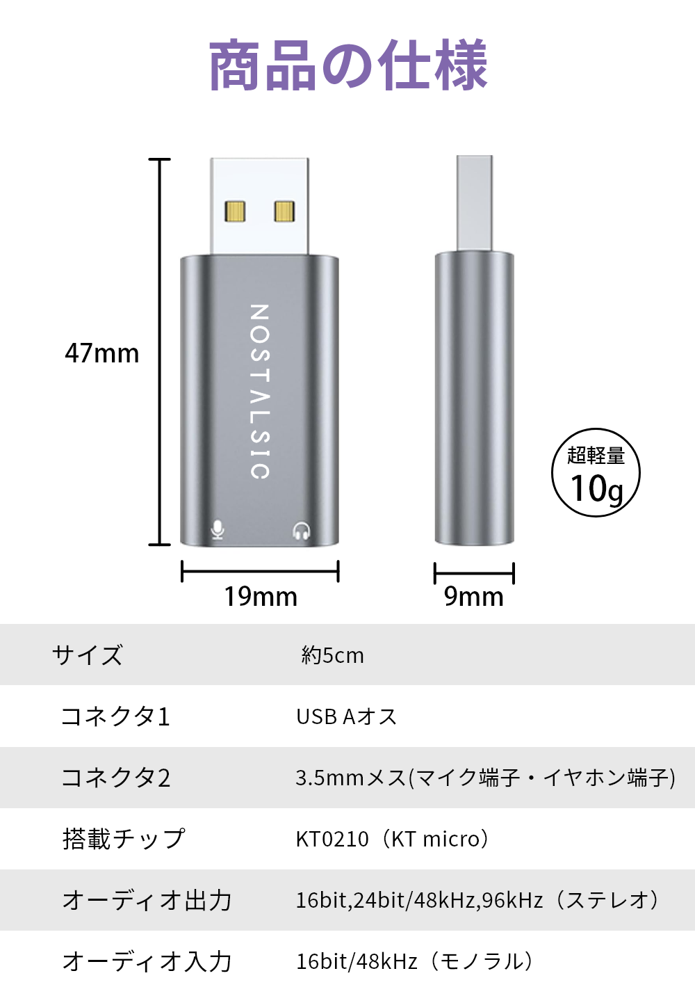 USB-A & 3.5mm(3極専用) オーディオ変換アダプタ  DAC搭載 24bit/96KHz対応