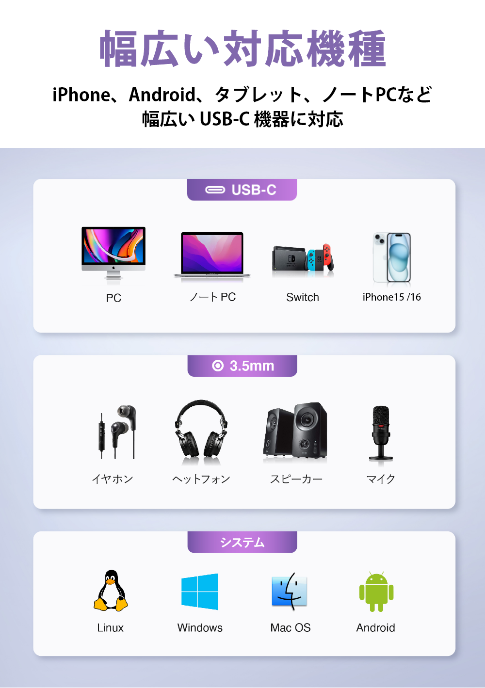 USB-C & 3.5mm(3極専用) オーディオ変換アダプタ  DAC搭載 24bit/96KHz対応