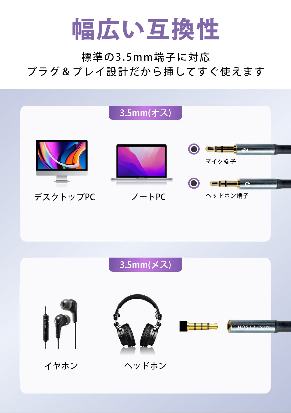 3.5mm 4極 3極 変換ケーブル 4極(メス) - 3極(オスx2) 分岐 30cm