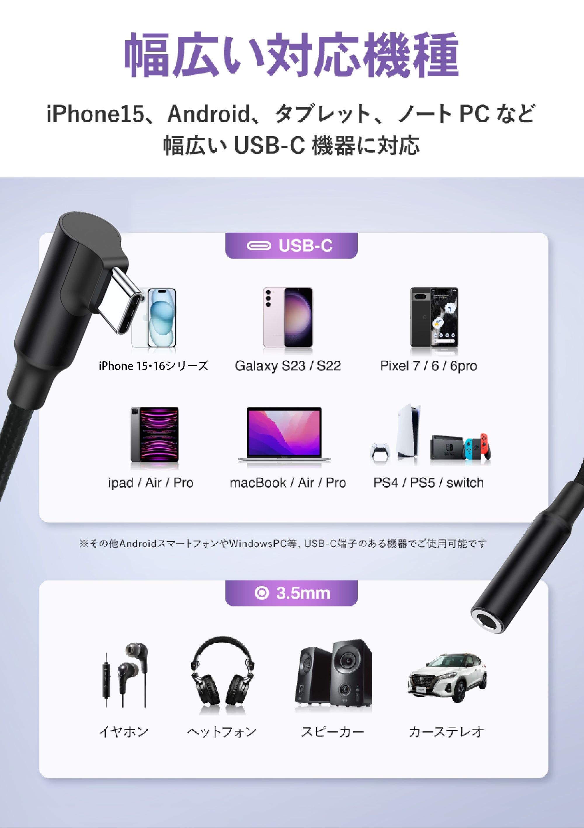 USB-C＆3.5mm オーディオ変換ケーブル DAC搭載 24bit/96KHz対応 L字コネクタ