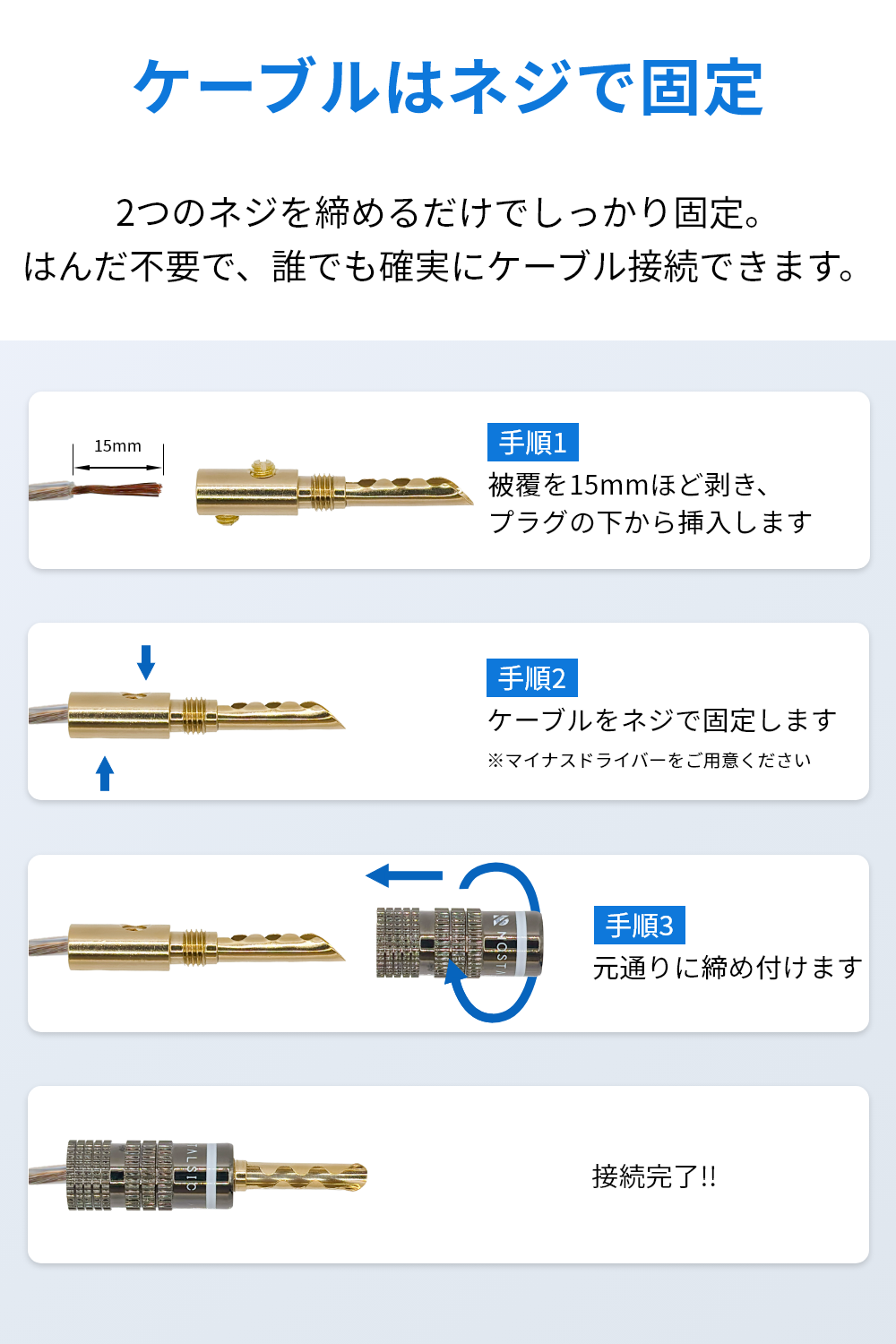 円筒波型スリット式（BFA波型）プラグ ソルダーレス 赤＋白セット 12AWG～18AWG対応